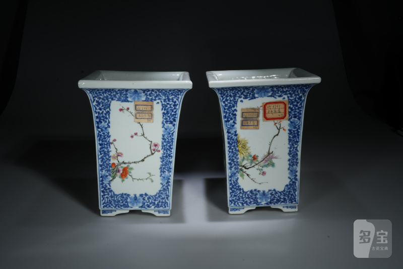 民国 青花缠枝莲纹开光粉彩花鸟花盆 - 图2